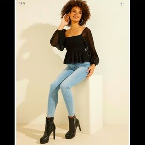GUESS Off Shoulder Dee Top Jet Black Square Neckline NWT S